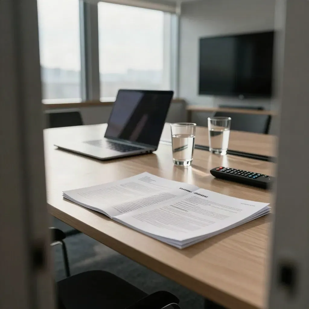 Sala riunioni vuota con deck chiuso, laptop e bicchieri d’acqua prima di un pitch.