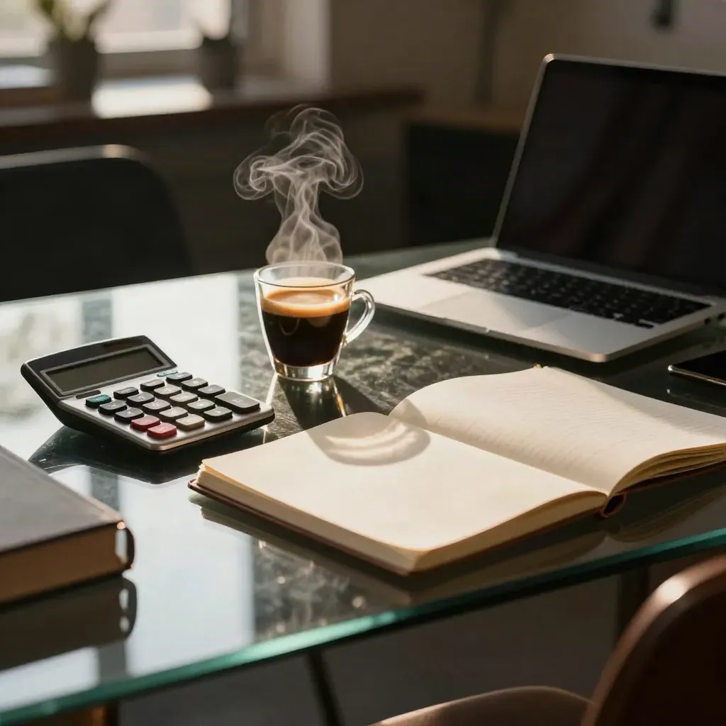 Tavolo in vetro con calcolatrice, laptop socchiuso ed espresso in una sala riunioni al tramonto.