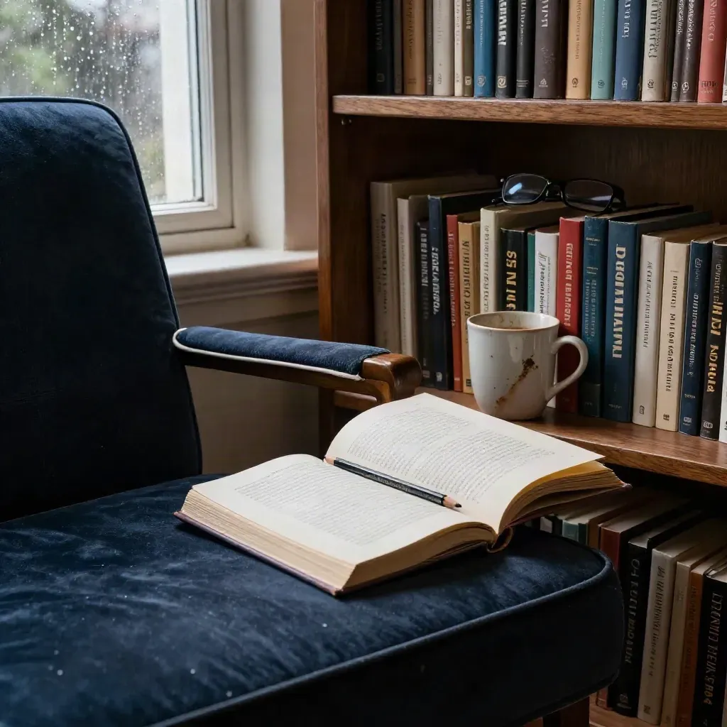 Poltrona blu vuota, libreria, tazza scheggiata e libri annotati vicino a una finestra piovosa.