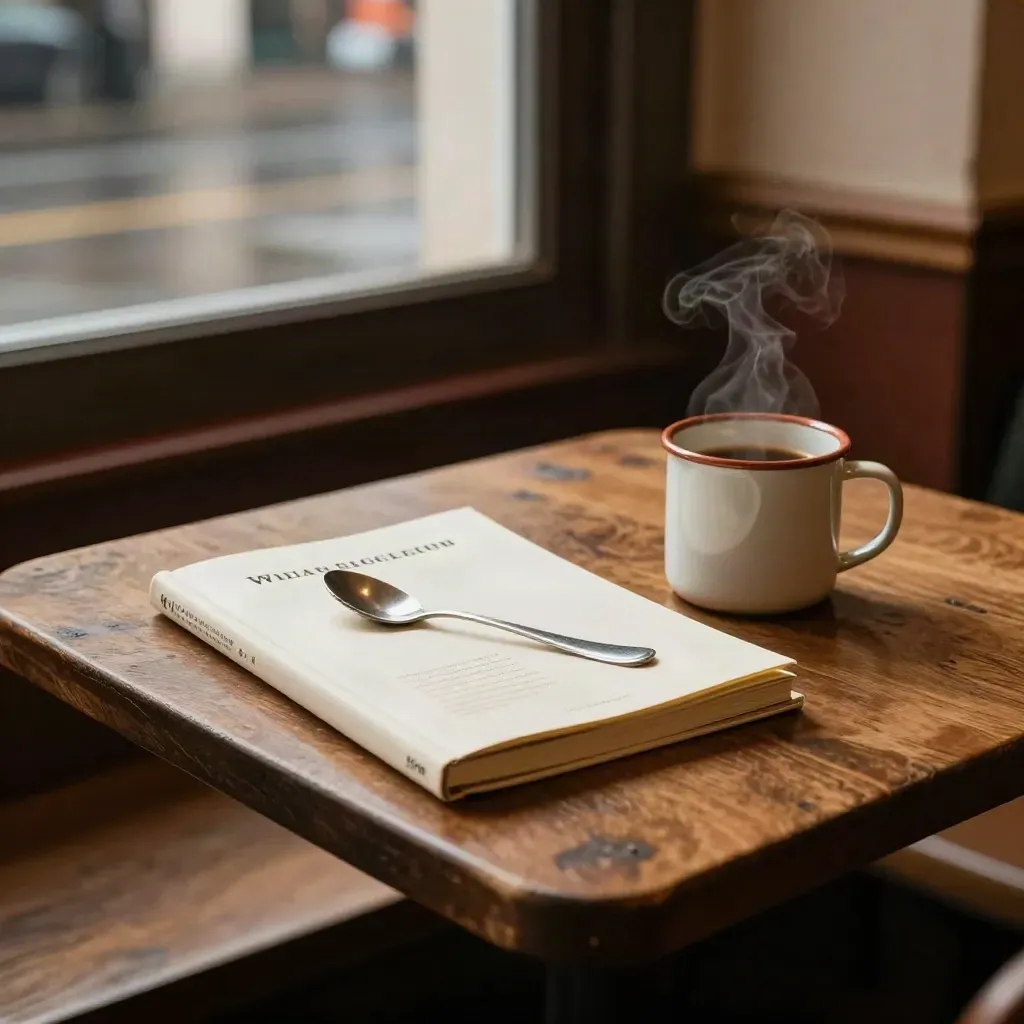 Tavolino di caffè con libro chiuso, taccuino, cucchiaino e tazza smaltata, con vapore leggero.