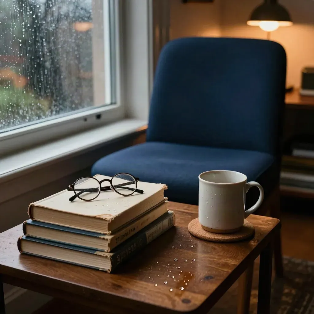Sedia vuota blu notte accanto a libri usurati, occhiali e tazza scheggiata sotto una finestra piovosa.
