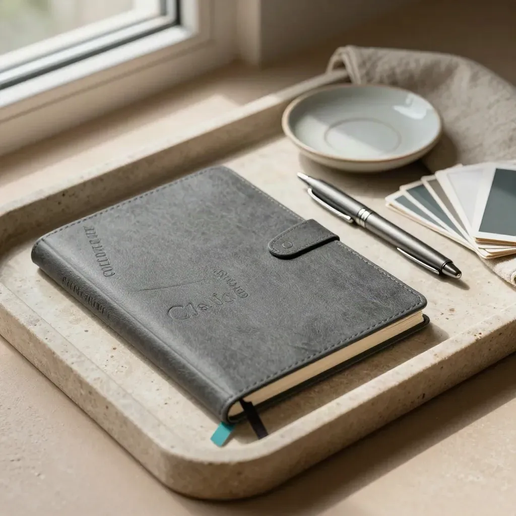 Quaderno vendite, schede campione, penna e ciotola in ceramica su vassoio di pietra.