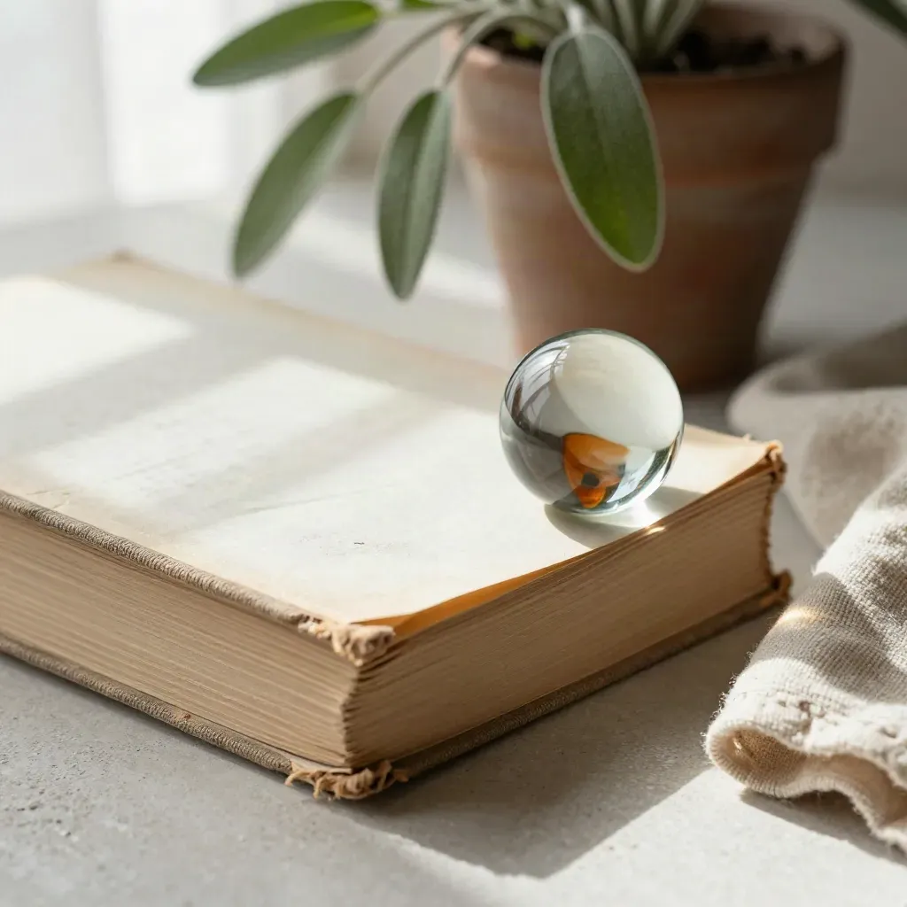 Libro consunto con paperweight in vetro, pianta piccola e lino piegato su fondo chiaro.